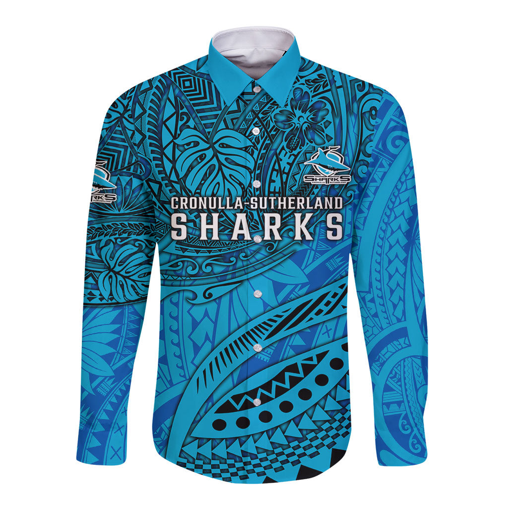 Personalised Cronulla-Sutherland Sharks Long Sleeve Button Shirt Polynesian Tribal Art Style With Hammerhead Mascot