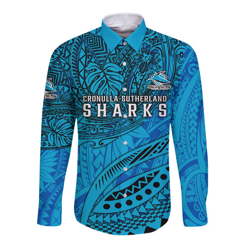 Personalised Cronulla-Sutherland Sharks Long Sleeve Button Shirt Polynesian Tribal Art Style With Hammerhead Mascot
