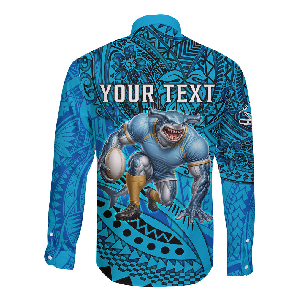 Personalised Cronulla-Sutherland Sharks Long Sleeve Button Shirt Polynesian Tribal Art Style With Hammerhead Mascot