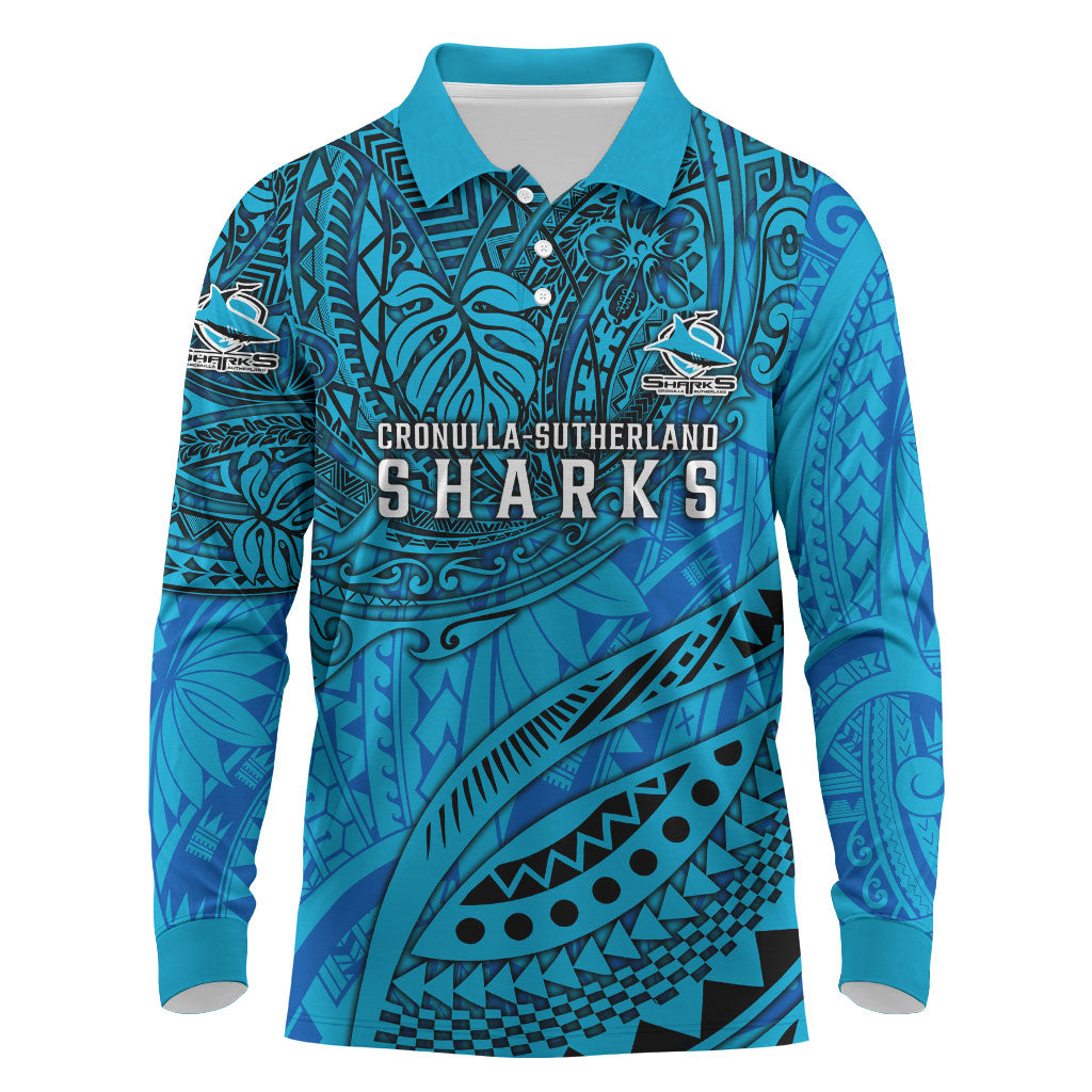 Personalised Cronulla-Sutherland Sharks Long Sleeve Polo Shirt Polynesian Tribal Art Style With Hammerhead Mascot