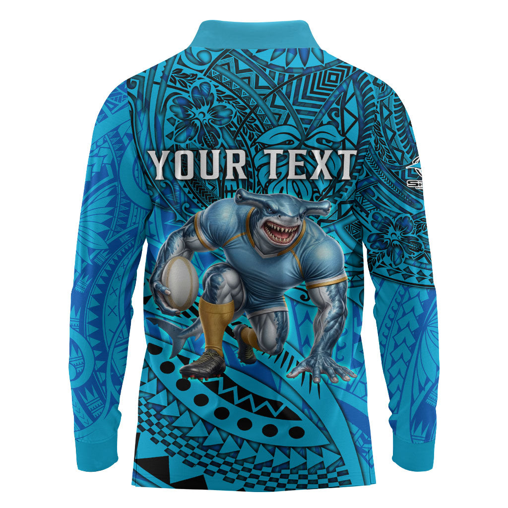 Personalised Cronulla-Sutherland Sharks Long Sleeve Polo Shirt Polynesian Tribal Art Style With Hammerhead Mascot