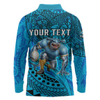 Personalised Cronulla-Sutherland Sharks Long Sleeve Polo Shirt Polynesian Tribal Art Style With Hammerhead Mascot