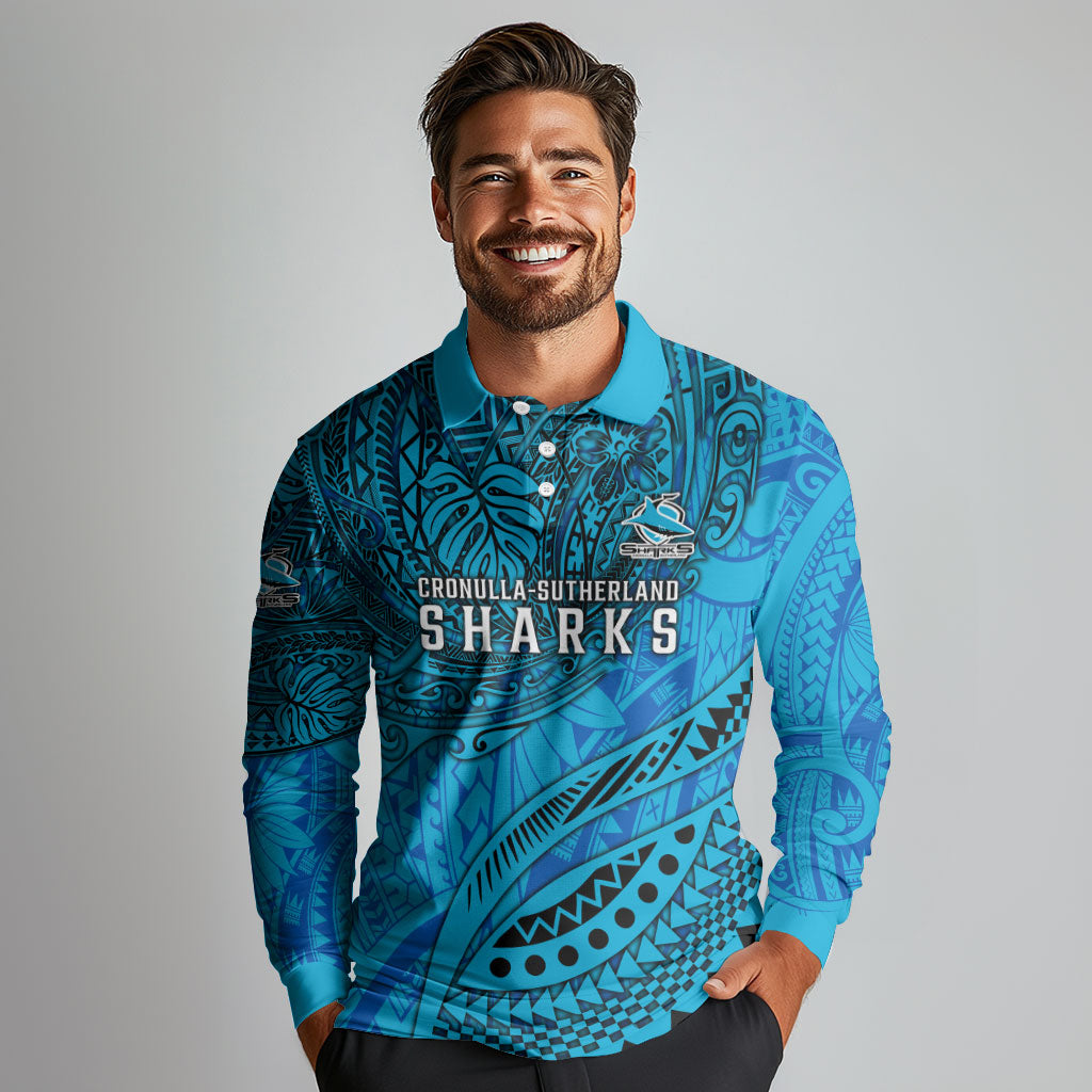 Personalised Cronulla-Sutherland Sharks Long Sleeve Polo Shirt Polynesian Tribal Art Style With Hammerhead Mascot