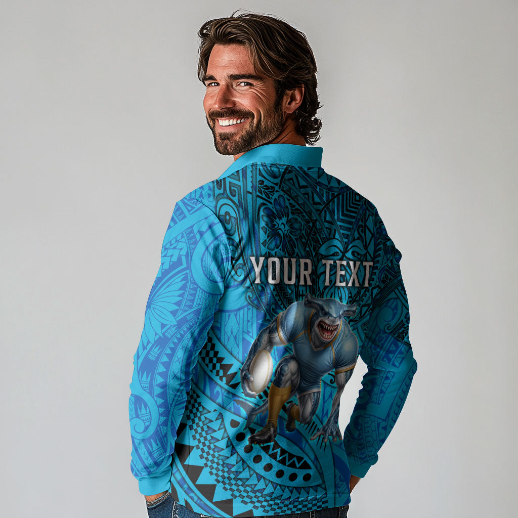 Personalised Cronulla-Sutherland Sharks Long Sleeve Polo Shirt Polynesian Tribal Art Style With Hammerhead Mascot
