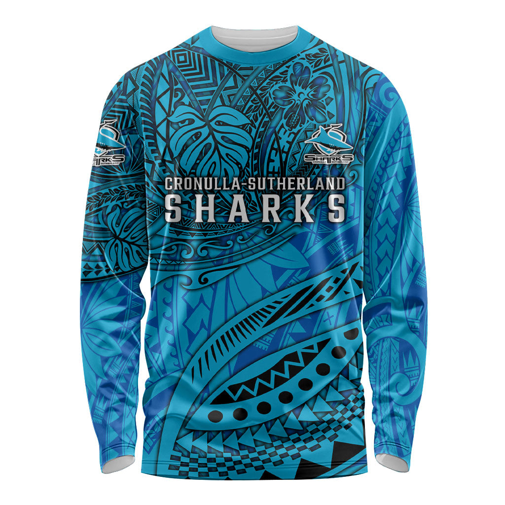 Personalised Cronulla-Sutherland Sharks Long Sleeve Shirt Polynesian Tribal Art Style With Hammerhead Mascot