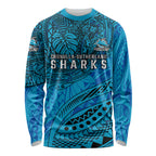 Personalised Cronulla-Sutherland Sharks Long Sleeve Shirt Polynesian Tribal Art Style With Hammerhead Mascot