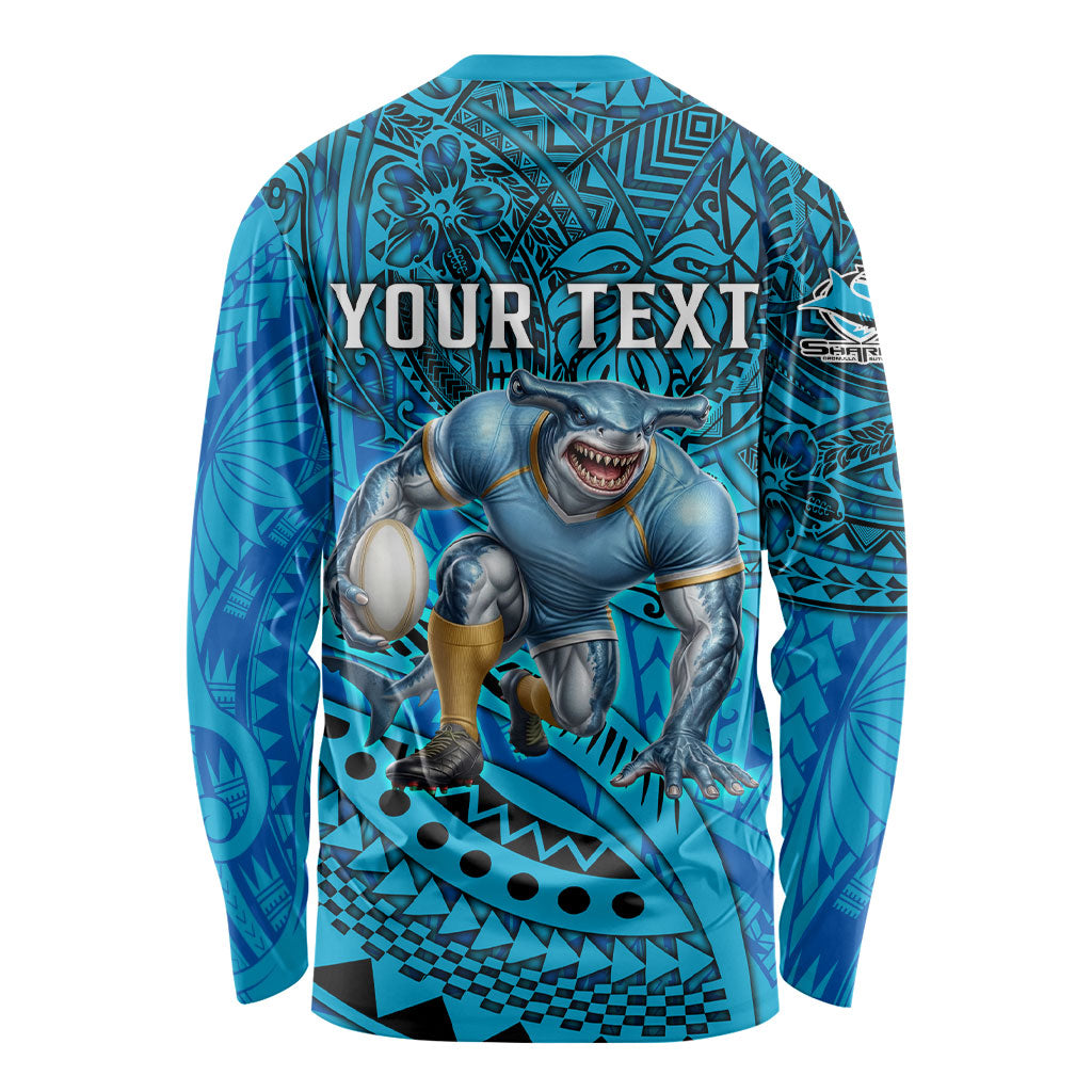Personalised Cronulla-Sutherland Sharks Long Sleeve Shirt Polynesian Tribal Art Style With Hammerhead Mascot