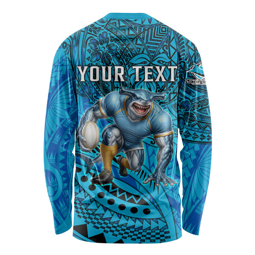 Personalised Cronulla-Sutherland Sharks Long Sleeve Shirt Polynesian Tribal Art Style With Hammerhead Mascot