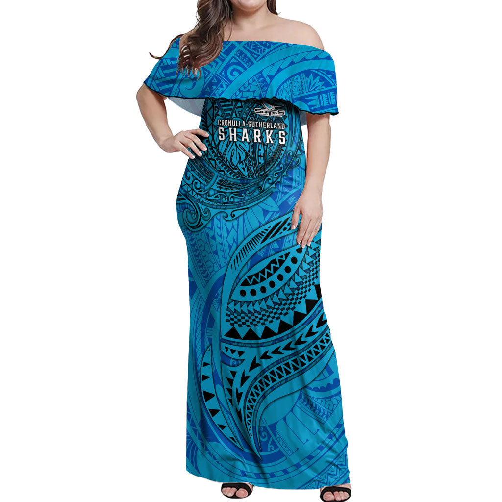 Personalised Cronulla-Sutherland Sharks Off Shoulder Maxi Dress Polynesian Tribal Art Style With Hammerhead Mascot