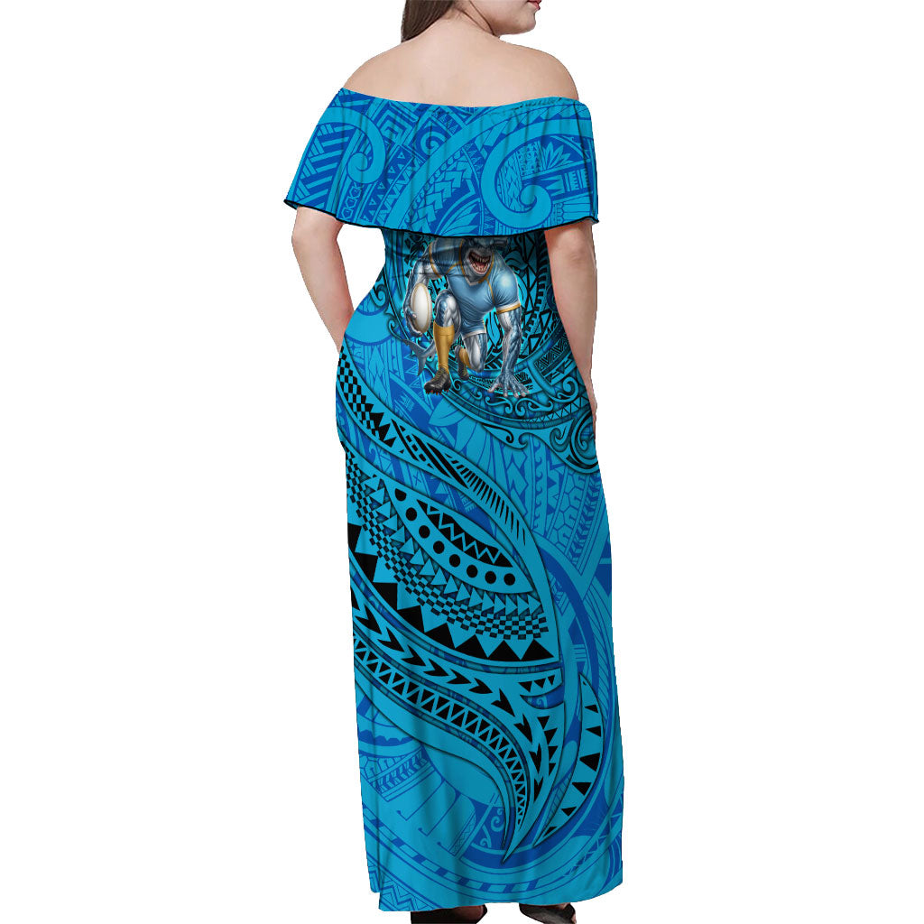 Personalised Cronulla-Sutherland Sharks Off Shoulder Maxi Dress Polynesian Tribal Art Style With Hammerhead Mascot