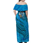 Personalised Cronulla-Sutherland Sharks Off Shoulder Maxi Dress Polynesian Tribal Art Style With Hammerhead Mascot