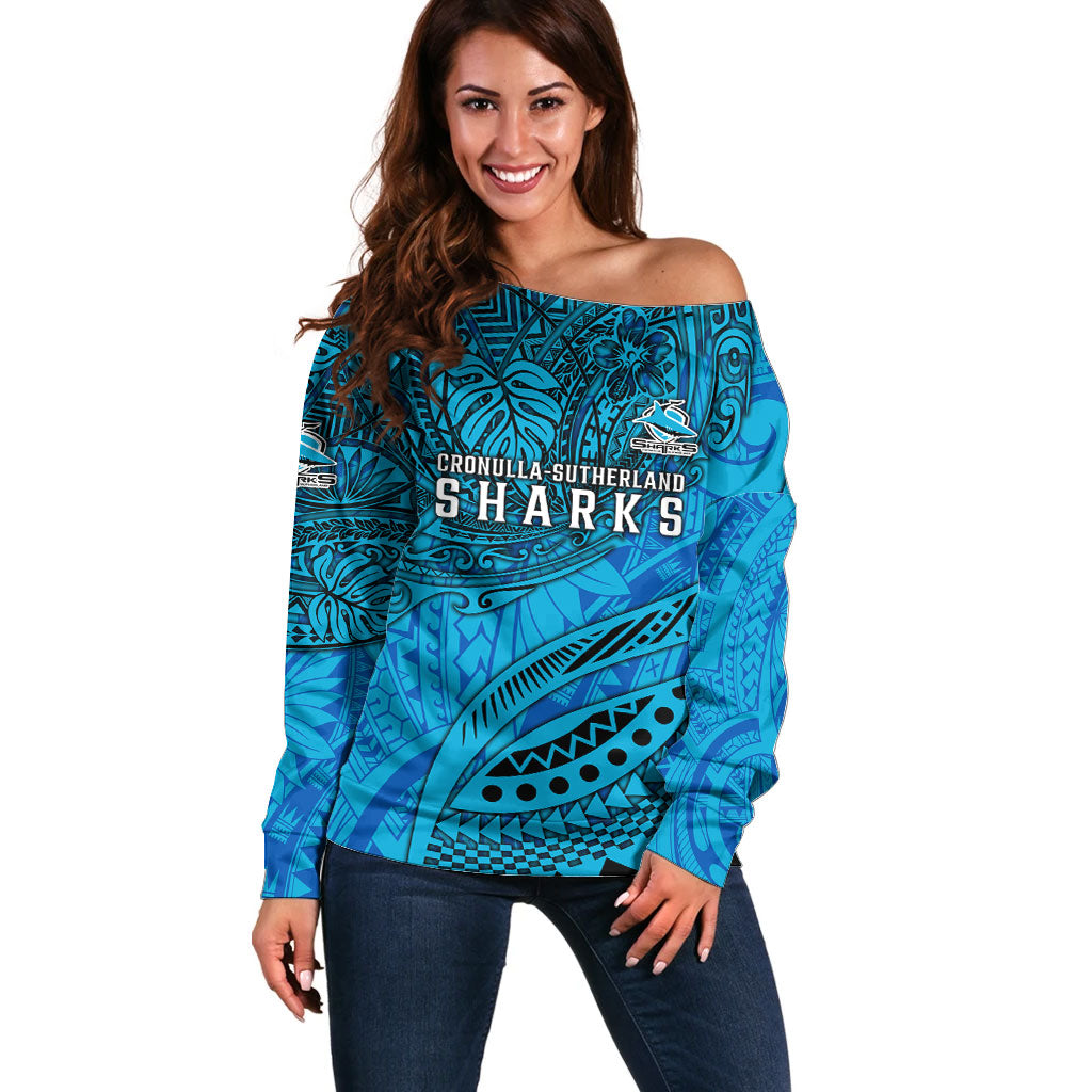 Personalised Cronulla-Sutherland Sharks Off Shoulder Sweater Polynesian Tribal Art Style With Hammerhead Mascot