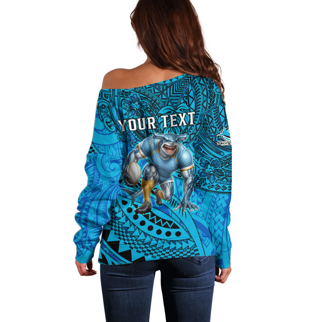 Personalised Cronulla-Sutherland Sharks Off Shoulder Sweater Polynesian Tribal Art Style With Hammerhead Mascot