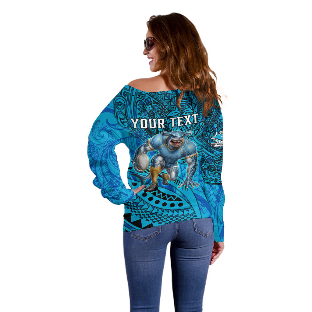 Personalised Cronulla-Sutherland Sharks Off Shoulder Sweater Polynesian Tribal Art Style With Hammerhead Mascot