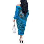 Personalised Cronulla-Sutherland Sharks Off The Shoulder Long Sleeve Dress Polynesian Tribal Art Style With Hammerhead Mascot