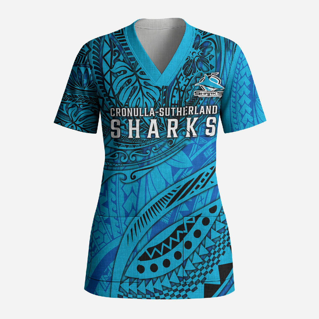 Personalised Cronulla-Sutherland Sharks Scrub Top Polynesian Tribal Art Style With Hammerhead Mascot