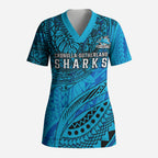 Personalised Cronulla-Sutherland Sharks Scrub Top Polynesian Tribal Art Style With Hammerhead Mascot