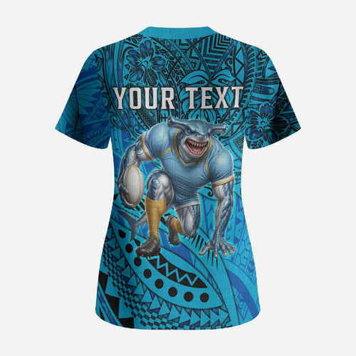 Personalised Cronulla-Sutherland Sharks Scrub Top Polynesian Tribal Art Style With Hammerhead Mascot