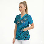 Personalised Cronulla-Sutherland Sharks Scrub Top Polynesian Tribal Art Style With Hammerhead Mascot