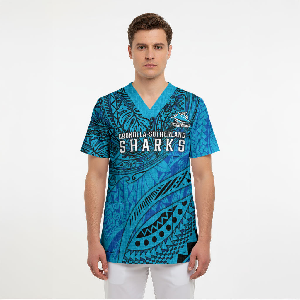 Personalised Cronulla-Sutherland Sharks Scrub Top Polynesian Tribal Art Style With Hammerhead Mascot