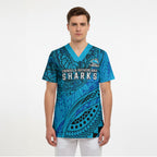Personalised Cronulla-Sutherland Sharks Scrub Top Polynesian Tribal Art Style With Hammerhead Mascot