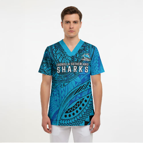 Personalised Cronulla-Sutherland Sharks Scrub Top Polynesian Tribal Art Style With Hammerhead Mascot