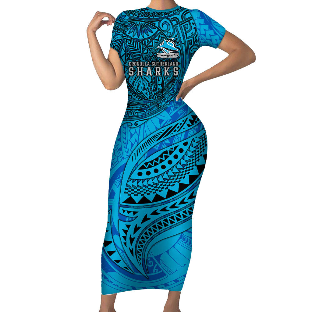 Personalised Cronulla-Sutherland Sharks Short Sleeve Bodycon Dress Polynesian Tribal Art Style With Hammerhead Mascot