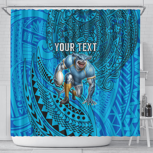 Personalised Cronulla-Sutherland Sharks Shower Curtain Polynesian Tribal Art Style With Hammerhead Mascot