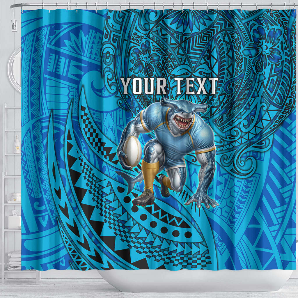Personalised Cronulla-Sutherland Sharks Shower Curtain Polynesian Tribal Art Style With Hammerhead Mascot