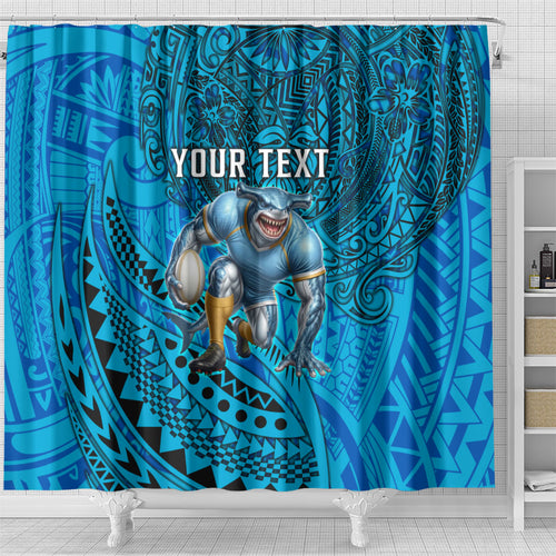 Personalised Cronulla-Sutherland Sharks Shower Curtain Polynesian Tribal Art Style With Hammerhead Mascot