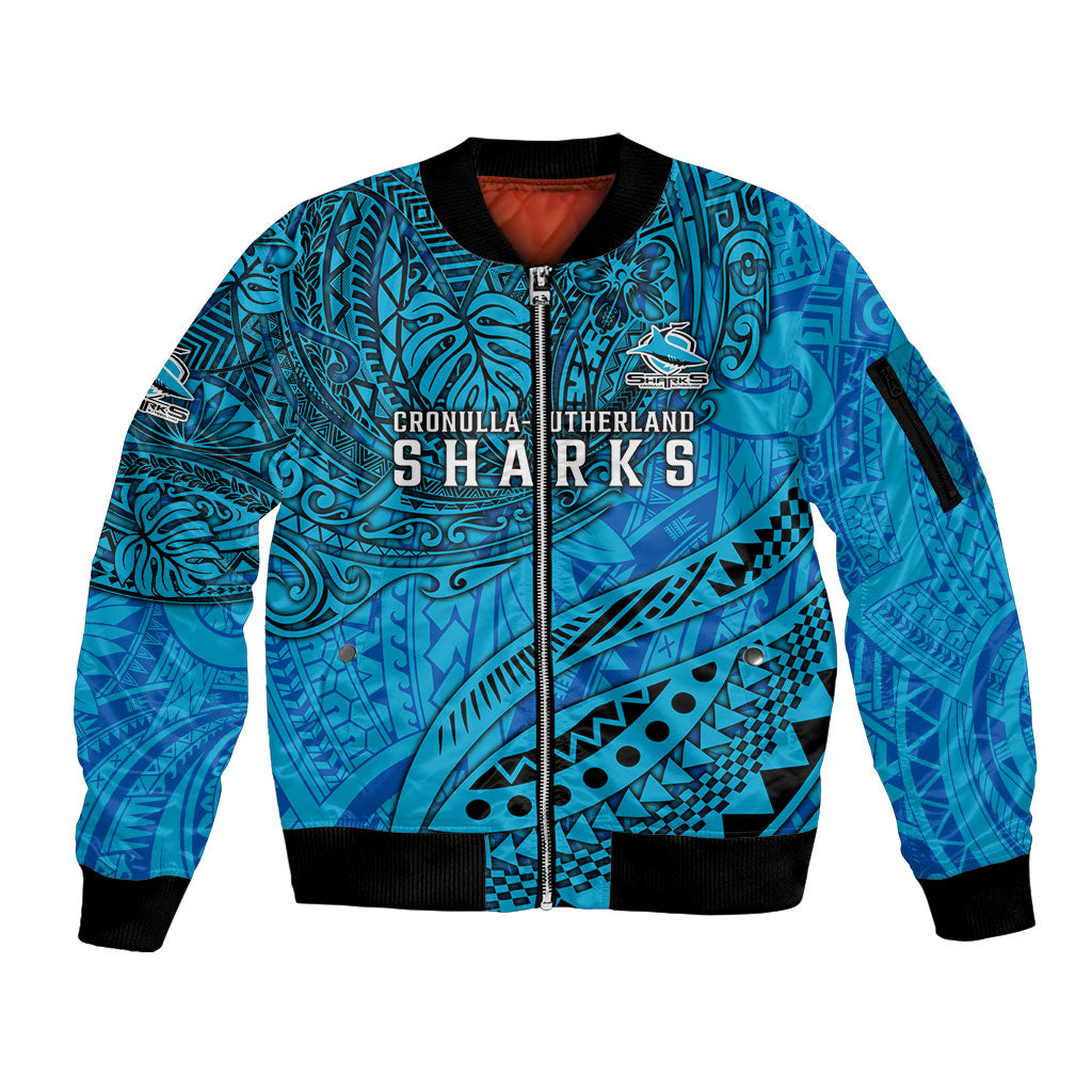 Personalised Cronulla-Sutherland Sharks Sleeve Zip Bomber Jacket Polynesian Tribal Art Style With Hammerhead Mascot