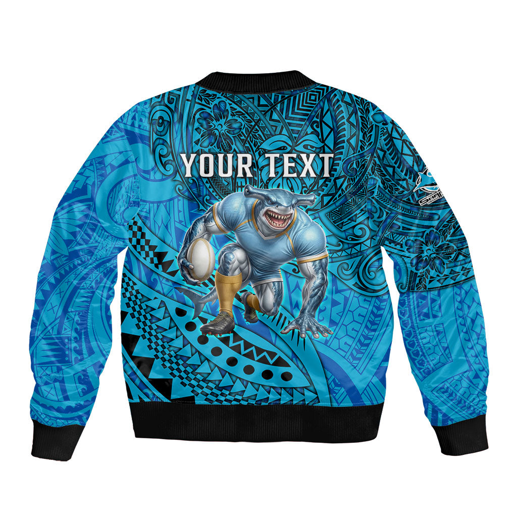 Personalised Cronulla-Sutherland Sharks Sleeve Zip Bomber Jacket Polynesian Tribal Art Style With Hammerhead Mascot