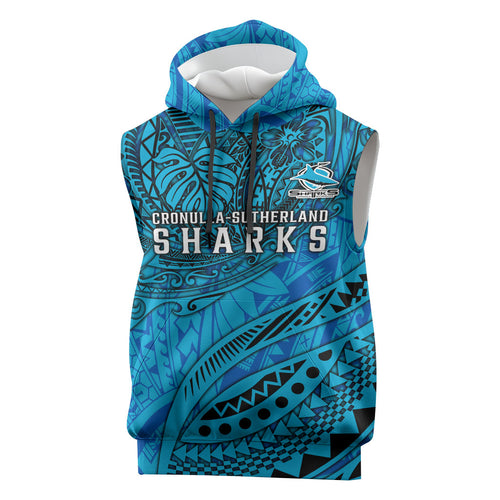 Personalised Cronulla-Sutherland Sharks Sleeveless Hoodie Polynesian Tribal Art Style With Hammerhead Mascot