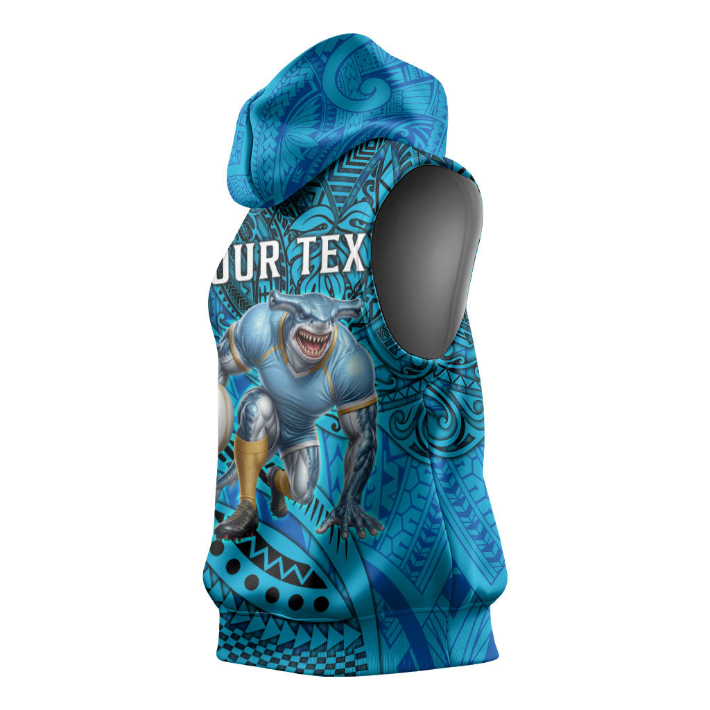 Personalised Cronulla-Sutherland Sharks Sleeveless Hoodie Polynesian Tribal Art Style With Hammerhead Mascot