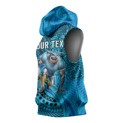 Personalised Cronulla-Sutherland Sharks Sleeveless Hoodie Polynesian Tribal Art Style With Hammerhead Mascot