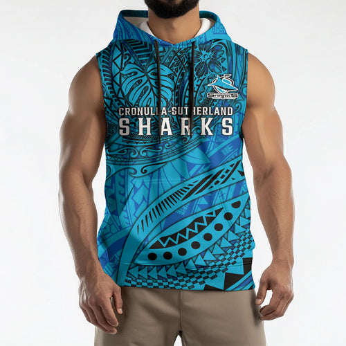 Personalised Cronulla-Sutherland Sharks Sleeveless Hoodie Polynesian Tribal Art Style With Hammerhead Mascot