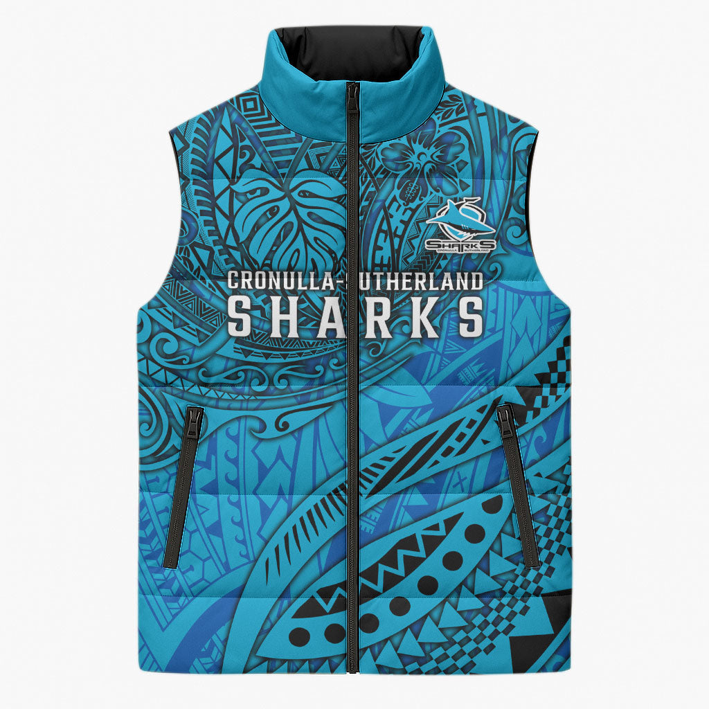 Personalised Cronulla-Sutherland Sharks Sleeveless Puffer Jacket Polynesian Tribal Art Style With Hammerhead Mascot