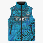 Personalised Cronulla-Sutherland Sharks Sleeveless Puffer Jacket Polynesian Tribal Art Style With Hammerhead Mascot