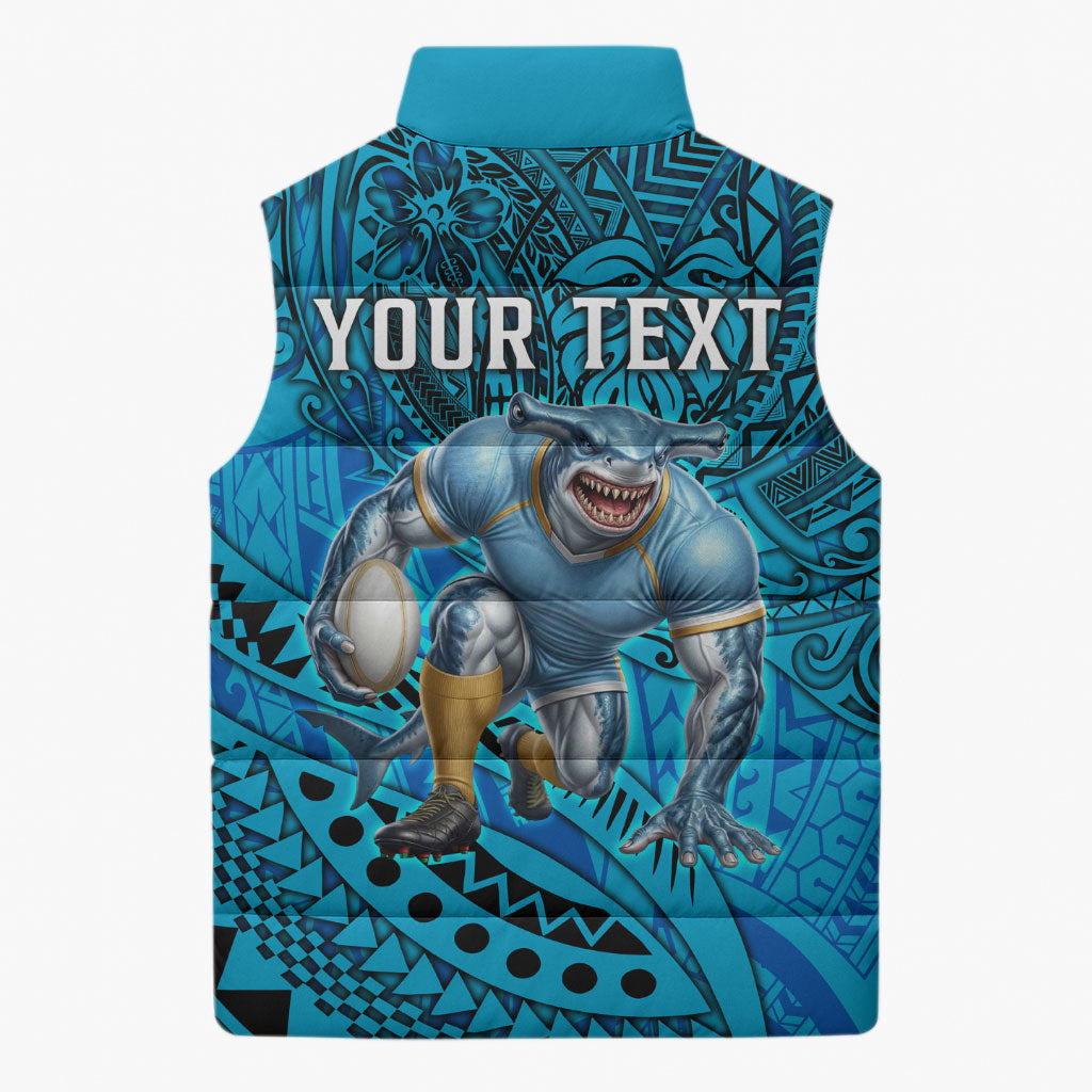 Personalised Cronulla-Sutherland Sharks Sleeveless Puffer Jacket Polynesian Tribal Art Style With Hammerhead Mascot