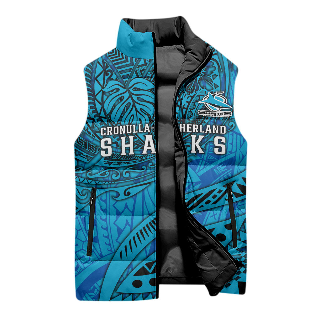 Personalised Cronulla-Sutherland Sharks Sleeveless Puffer Jacket Polynesian Tribal Art Style With Hammerhead Mascot