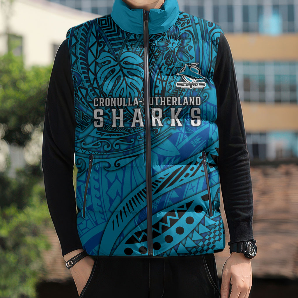 Personalised Cronulla-Sutherland Sharks Sleeveless Puffer Jacket Polynesian Tribal Art Style With Hammerhead Mascot