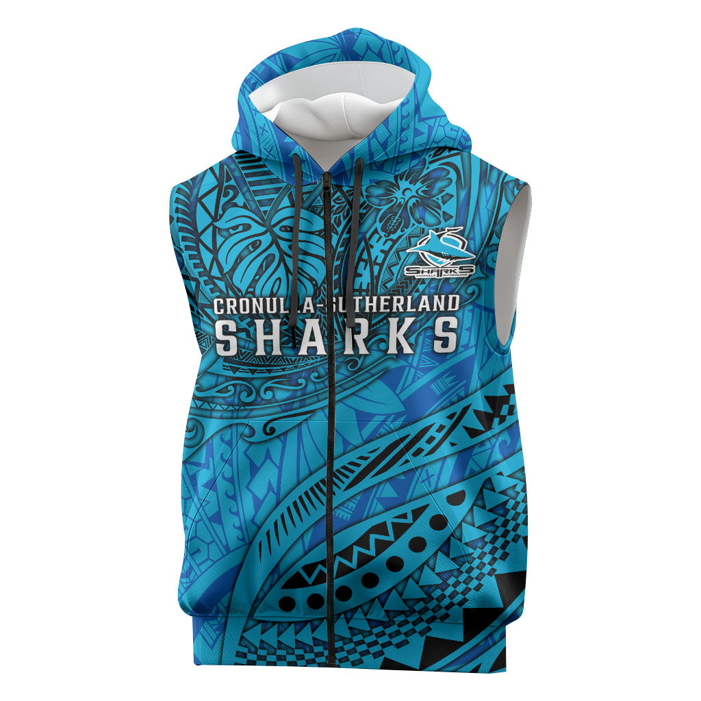 Personalised Cronulla-Sutherland Sharks Sleeveless Zip Hoodie Polynesian Tribal Art Style With Hammerhead Mascot