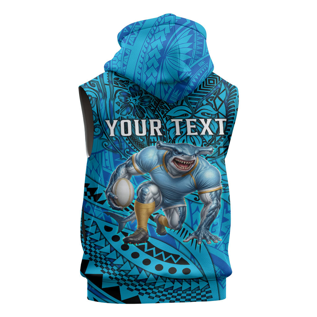 Personalised Cronulla-Sutherland Sharks Sleeveless Zip Hoodie Polynesian Tribal Art Style With Hammerhead Mascot