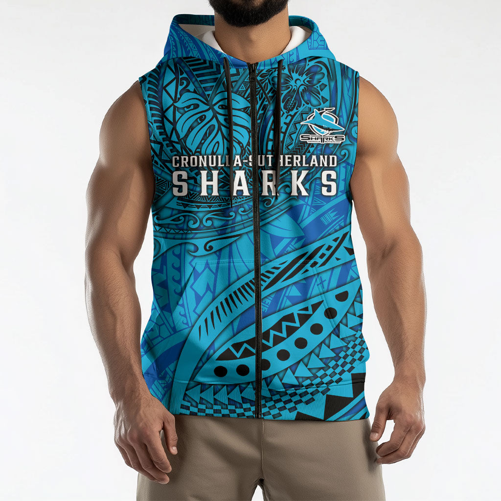 Personalised Cronulla-Sutherland Sharks Sleeveless Zip Hoodie Polynesian Tribal Art Style With Hammerhead Mascot