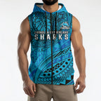 Personalised Cronulla-Sutherland Sharks Sleeveless Zip Hoodie Polynesian Tribal Art Style With Hammerhead Mascot