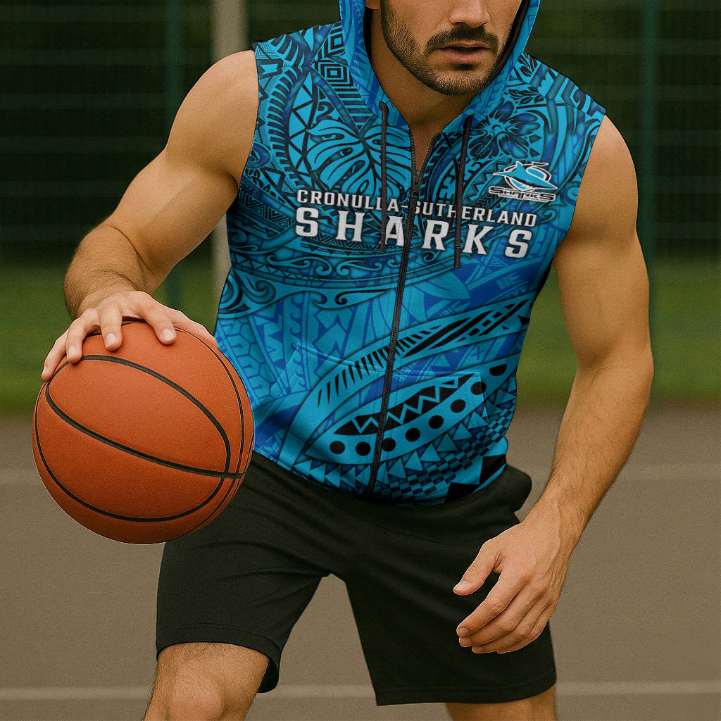Personalised Cronulla-Sutherland Sharks Sleeveless Zip Hoodie Polynesian Tribal Art Style With Hammerhead Mascot