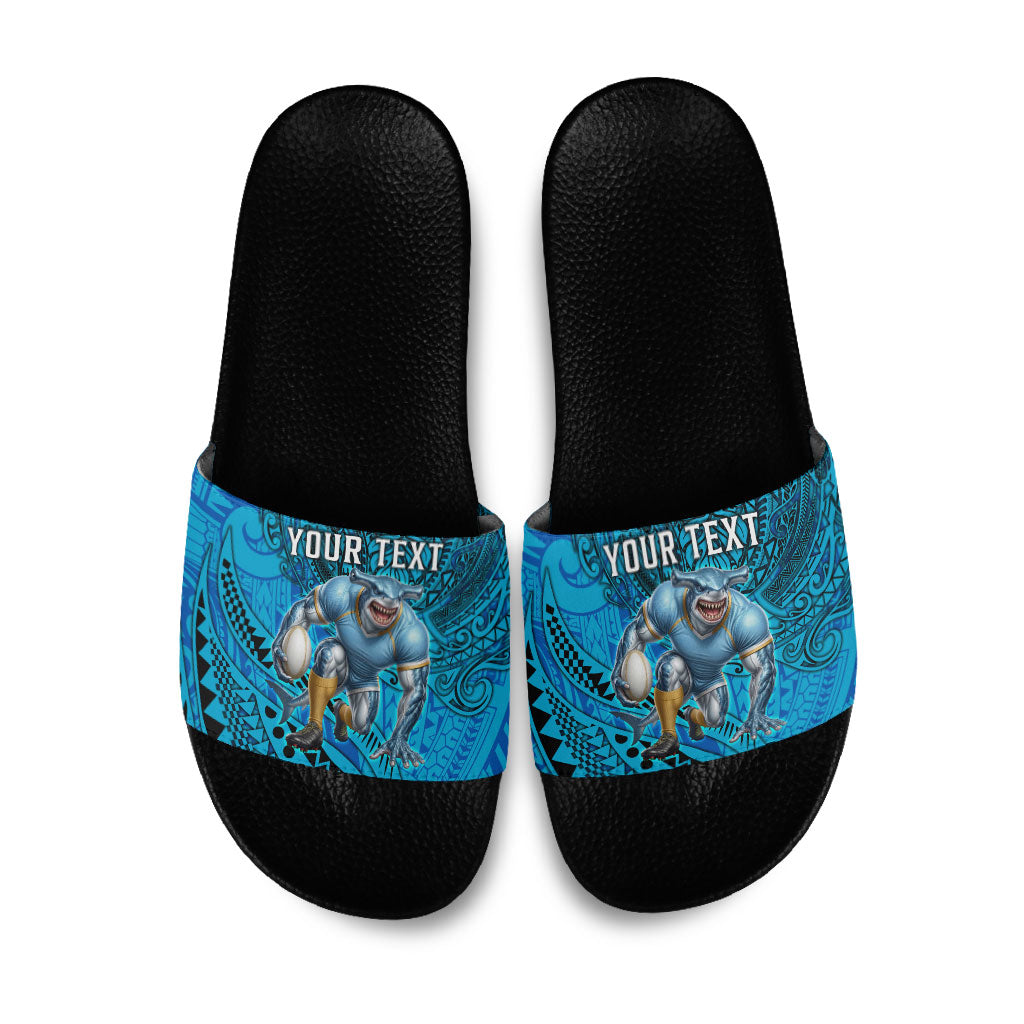Personalised Cronulla-Sutherland Sharks Slide Sandals Polynesian Tribal Art Style With Hammerhead Mascot