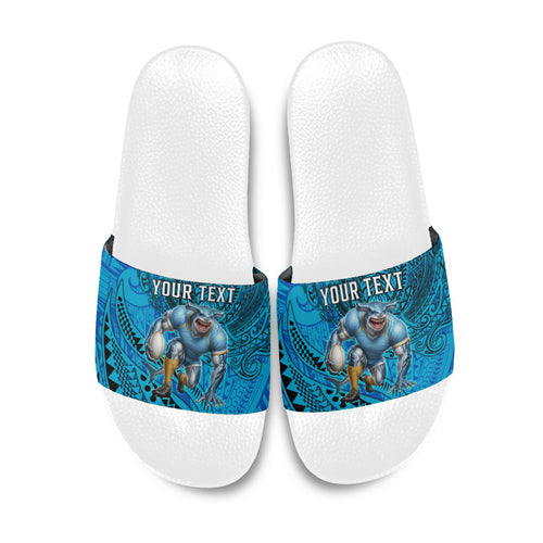 Personalised Cronulla-Sutherland Sharks Slide Sandals Polynesian Tribal Art Style With Hammerhead Mascot