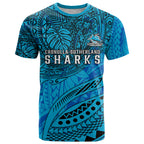 Personalised Cronulla-Sutherland Sharks T Shirt Polynesian Tribal Art Style With Hammerhead Mascot