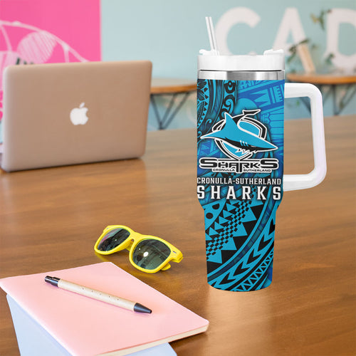 Personalised Cronulla-Sutherland Sharks Tumbler With Handle Polynesian Tribal Art Style With Hammerhead Mascot